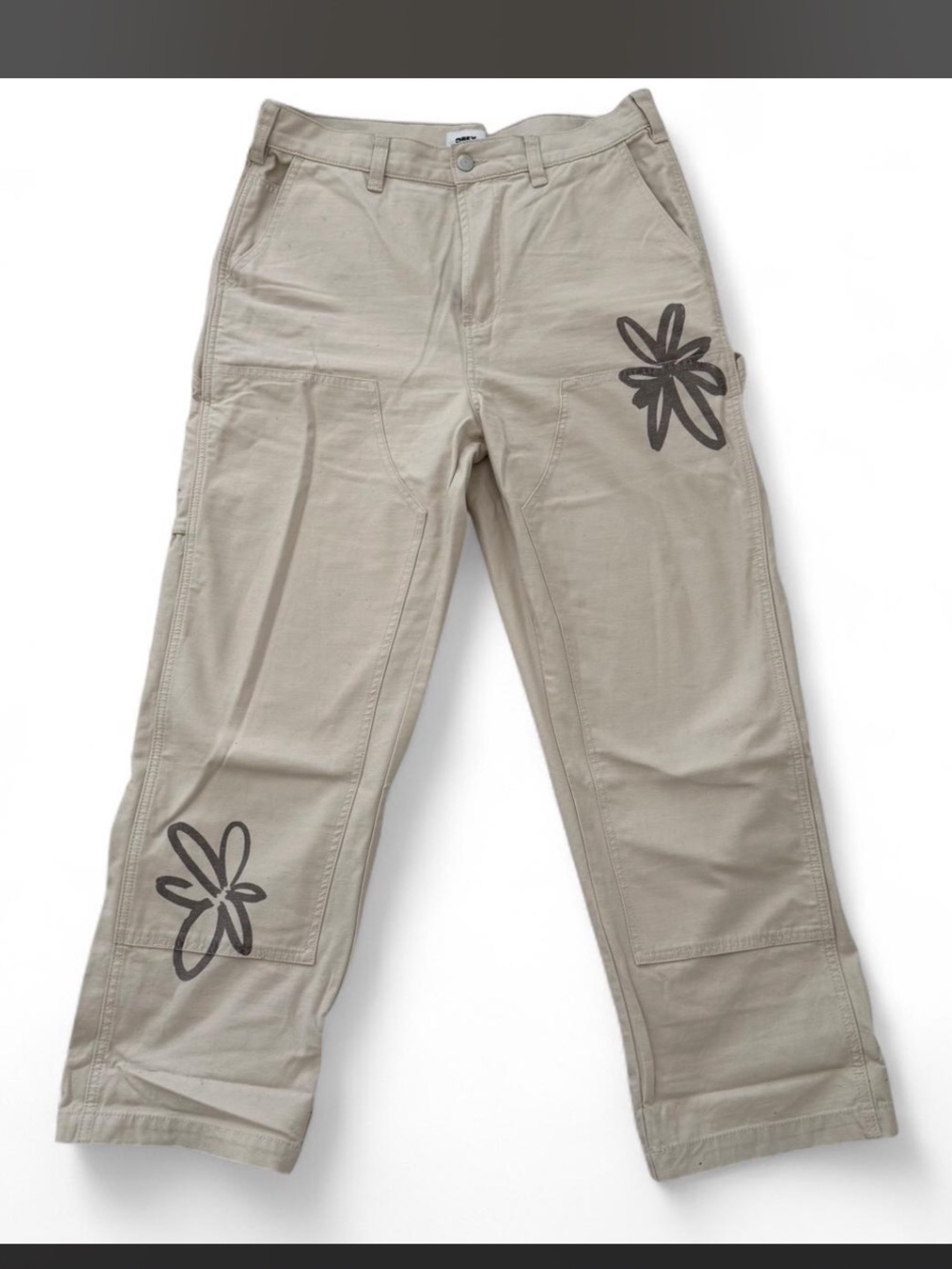 Obey Beige Work Pants with Dark Brown Floral Prints